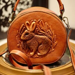 Genuine Leather Embossed Rabbit Crossbody Bag